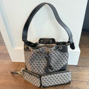Dooney & Bourke Black and Gray Monogram Shoulder Bag with Wallet and Wristlet